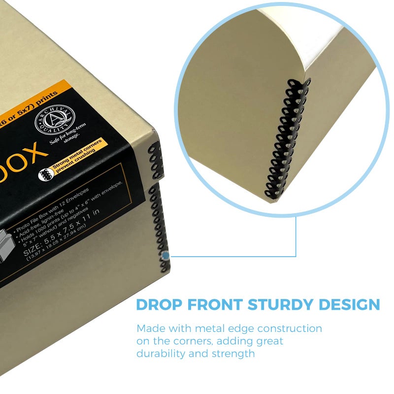 Lineco 4x6 Photo Storage Box, with 12 Acid-Free Envelopes, Holds Up to 1000 3.5" x 5", or 4" x 6" Pictures, Metal Edge Archival Organizer for Cards Stickers Stamps Seeds, 5.5x7.5x11. Tan - Image 4